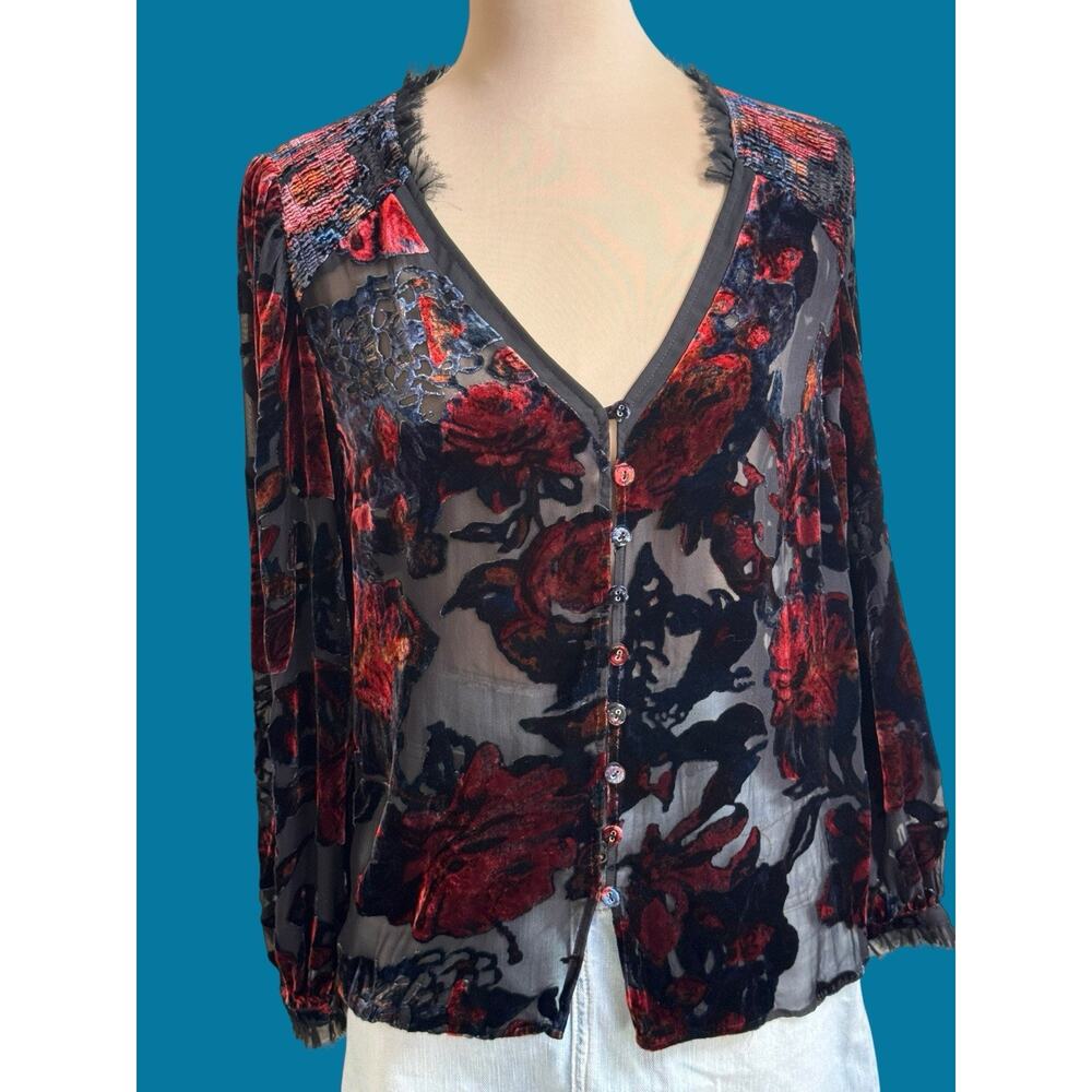 Sundance Primula Velvet Burnout Floral Blouse Silk Blend Size Medium Boho Goth - Picture 12 of 15